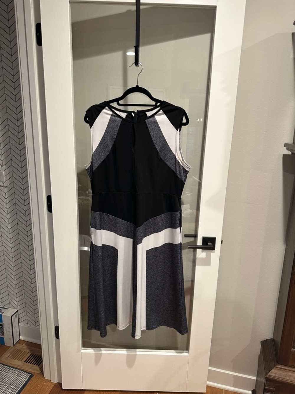 Sleeveless Black, White & Charcoal Colorblock Midi Dress